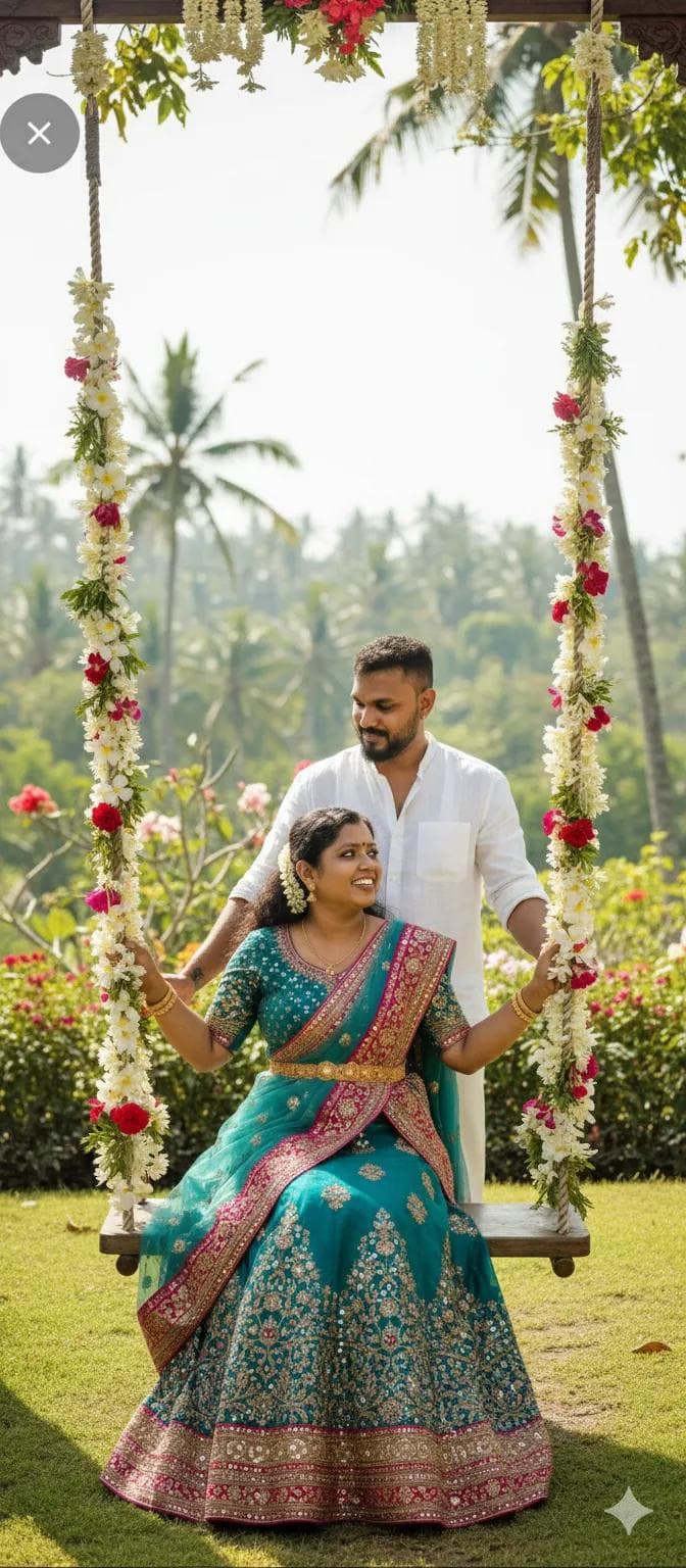 Cinematic Romantic Couple Photoshoot in Bali Resort Garden with Girl in Colorful Lehenga on Floral Swing