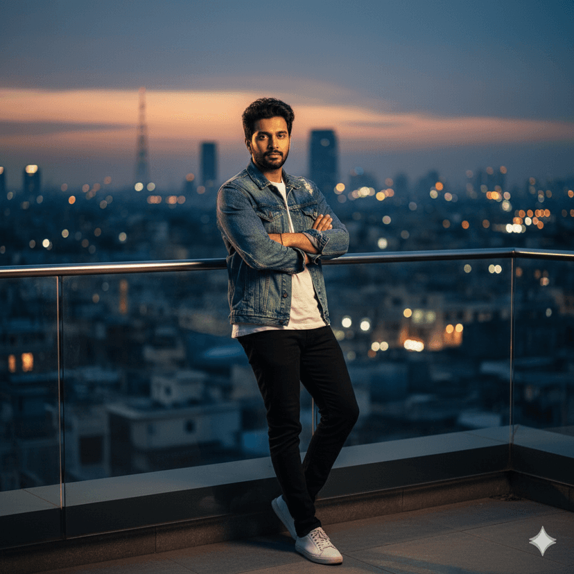 A cinematic rooftop portrait