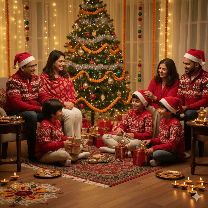 ndian family celebrating Christmas at home