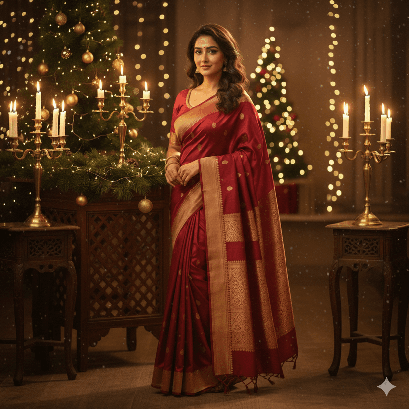 an elegant Indian woman, beautifully fusing Indian traditional elegance with festive Christmas charm