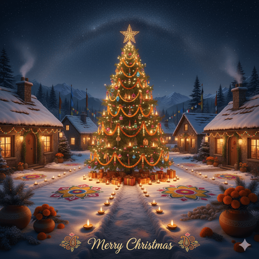 snowy village scene with an Indo-Western Christmas fusion